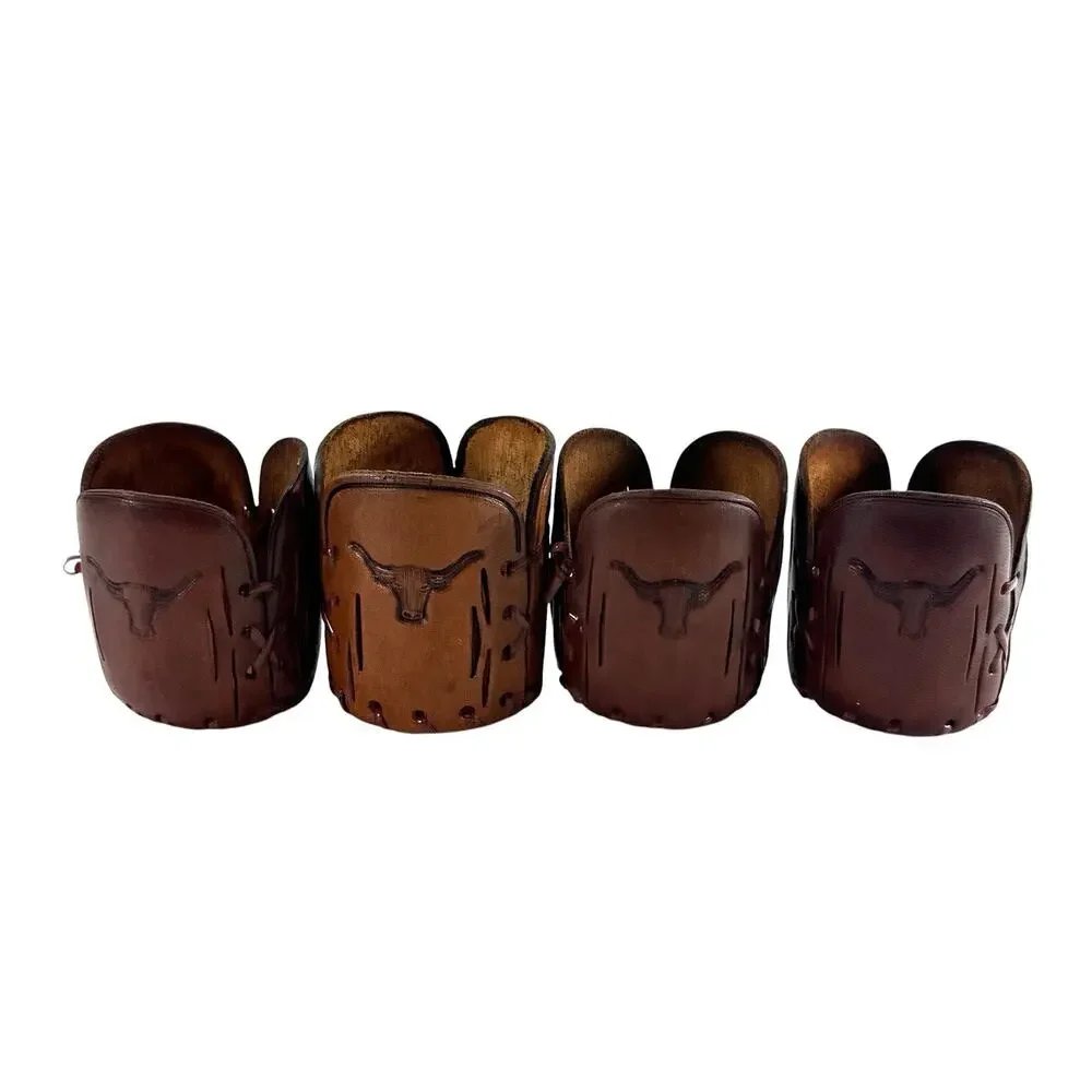 Set of 7 Handmade Leather Longhorn Beer Bottle Holders Western Cowboy Sleeves